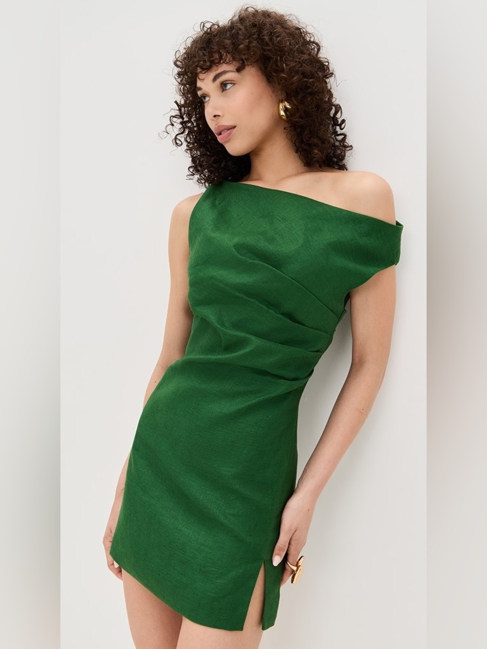 Commense Vibrant Green Draped One Shoulder Gold Tone Shoulder Hardware Minidress